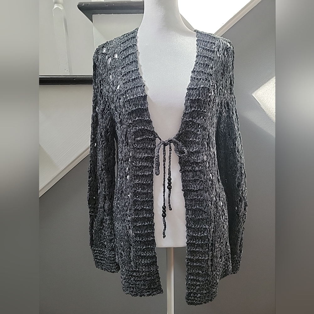Chicos Size 1/M Dark Gray Tie Front Open Knit Cardigan Boho Cardigan